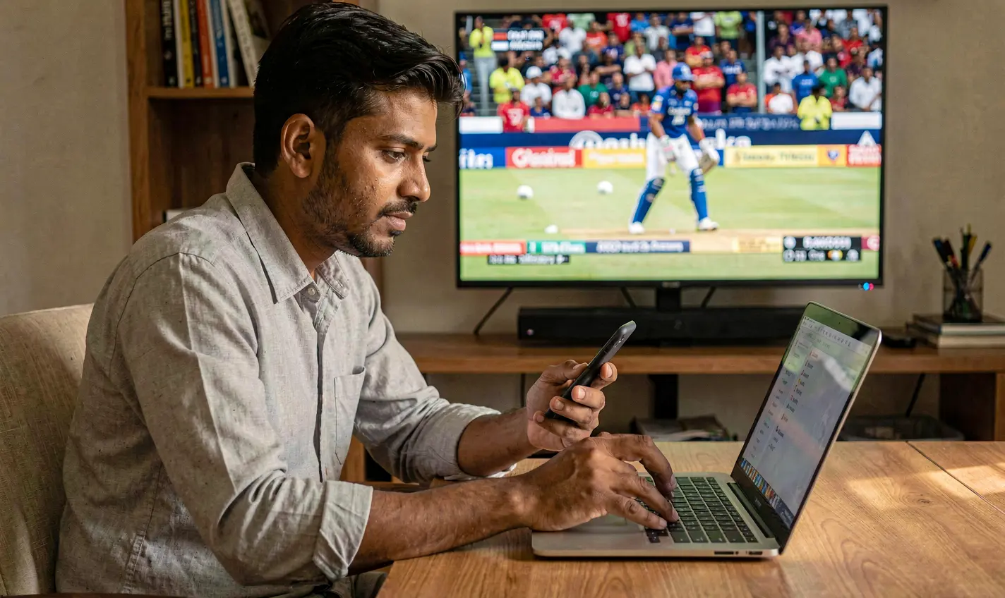 BD288 Bet – Place live sports bets online in Bangladesh with confidence Focused Bangladeshi sports bettor using a laptop and smartphone to place live cricket bets with BD288 while watching match highlights at home