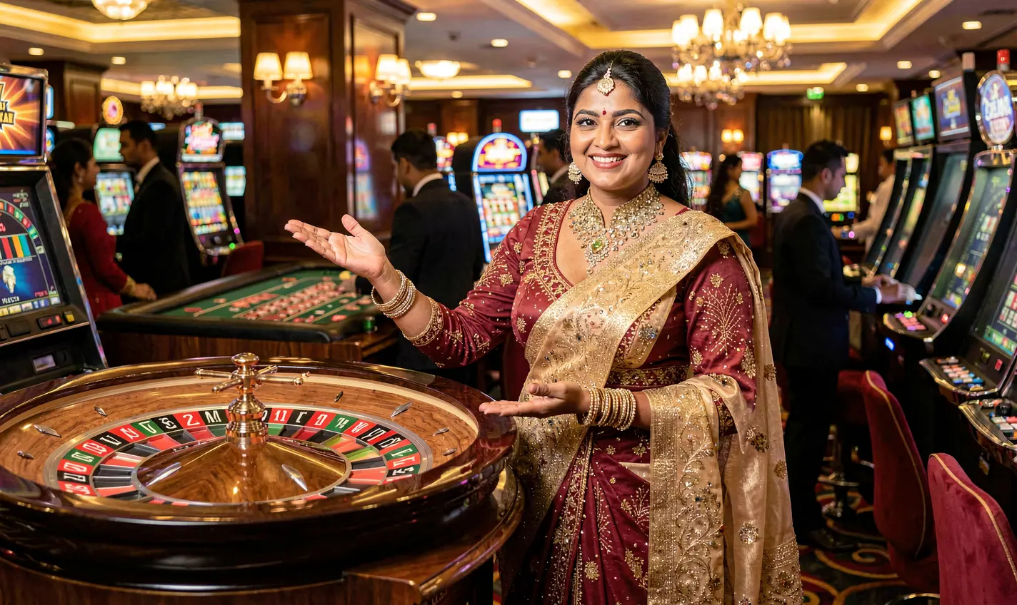 Elegant casino hostess in a red evening dress welcoming players at a roulette table inside the luxurious BD288 casino environment for Bangladesh