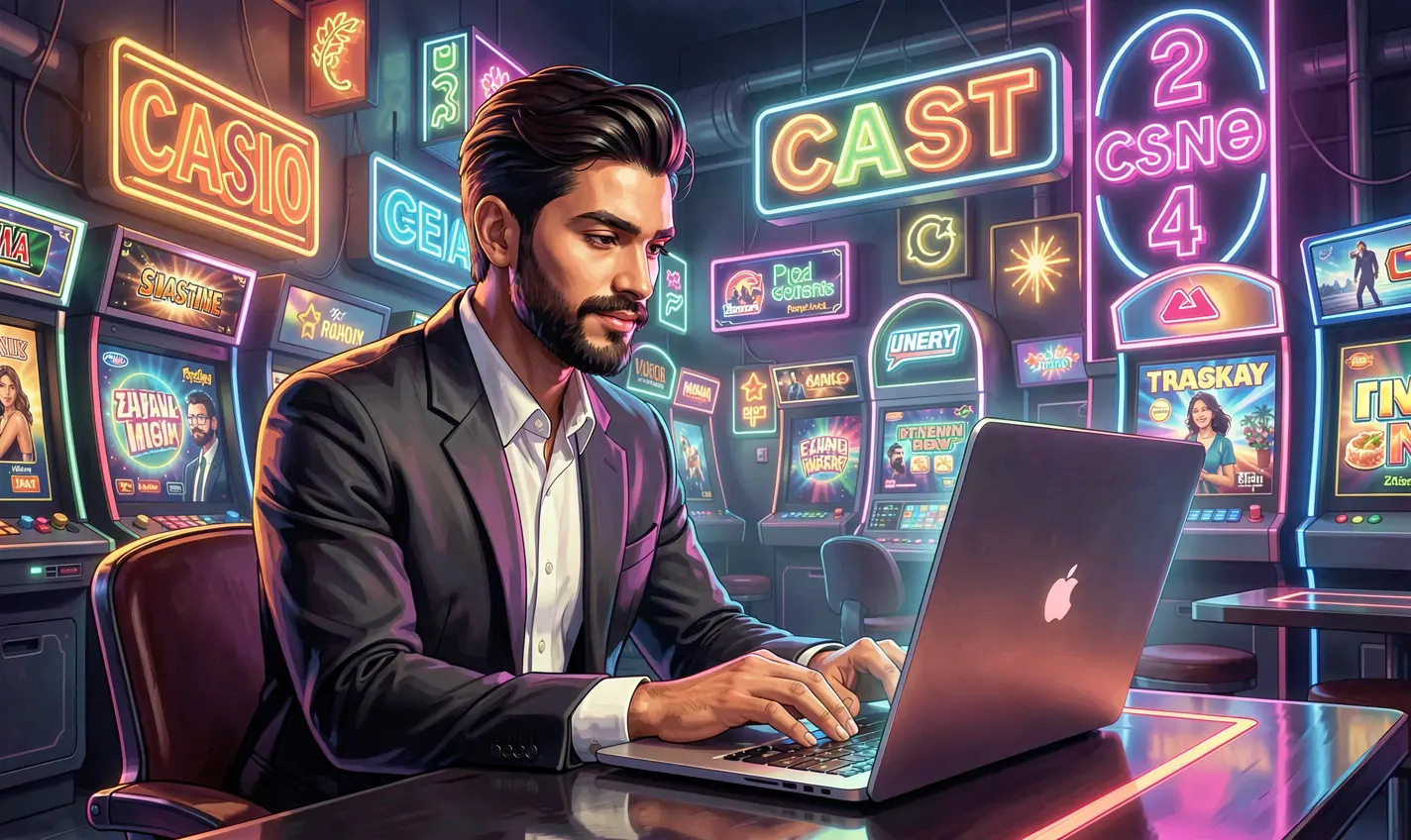 Stylish casino player working on a laptop with glowing gaming icons and neon lights representing online casino games at BD288 in Bangladesh