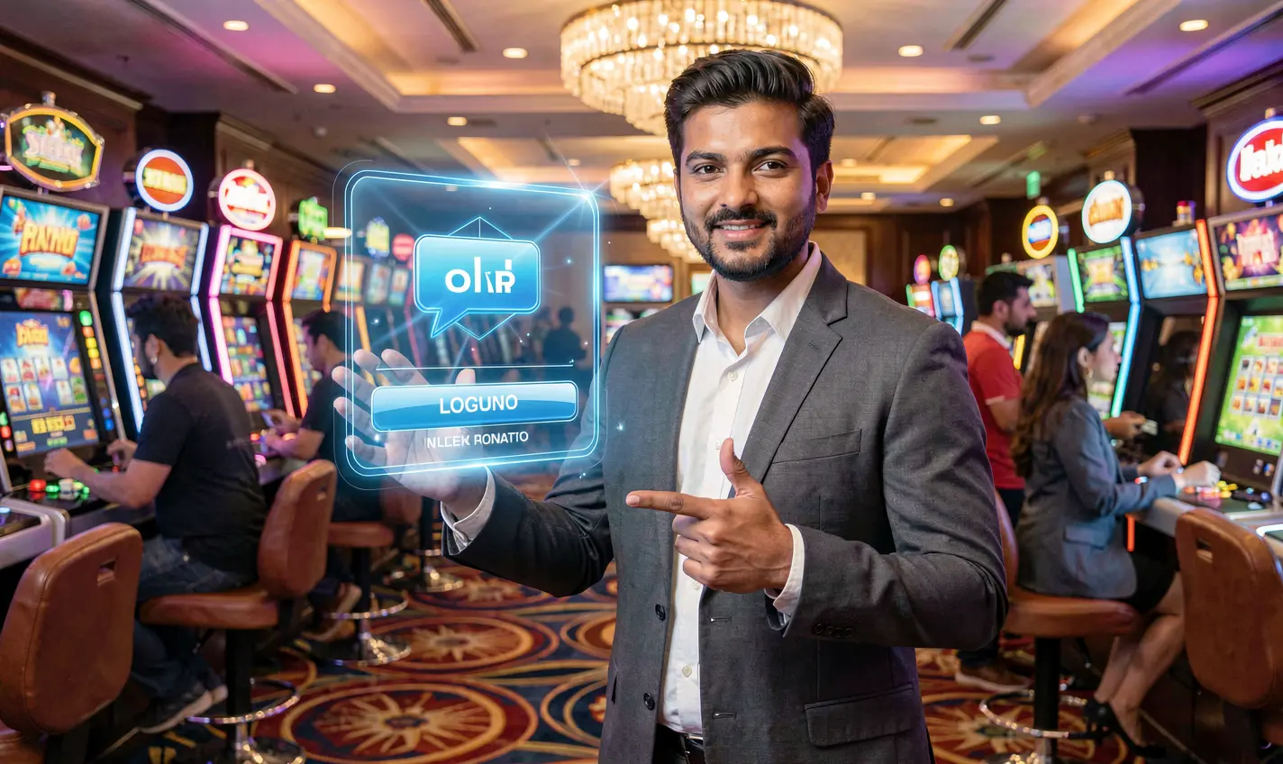 Professional Bangladeshi casino dealer pointing toward a floating holographic login button in a vibrant BD288 casino atmosphere