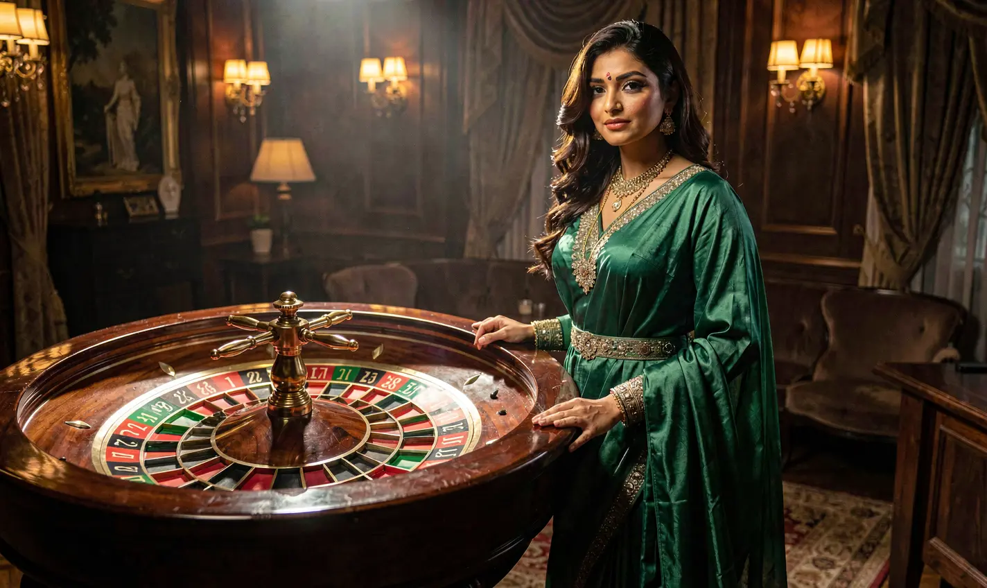 BD288 – Enjoy premium casino entertainment designed for players in Bangladesh Glamorous casino scene with a luxury roulette wheel and a confident woman in a green dress highlighting the premium gaming atmosphere of BD288 for players in Bangladesh