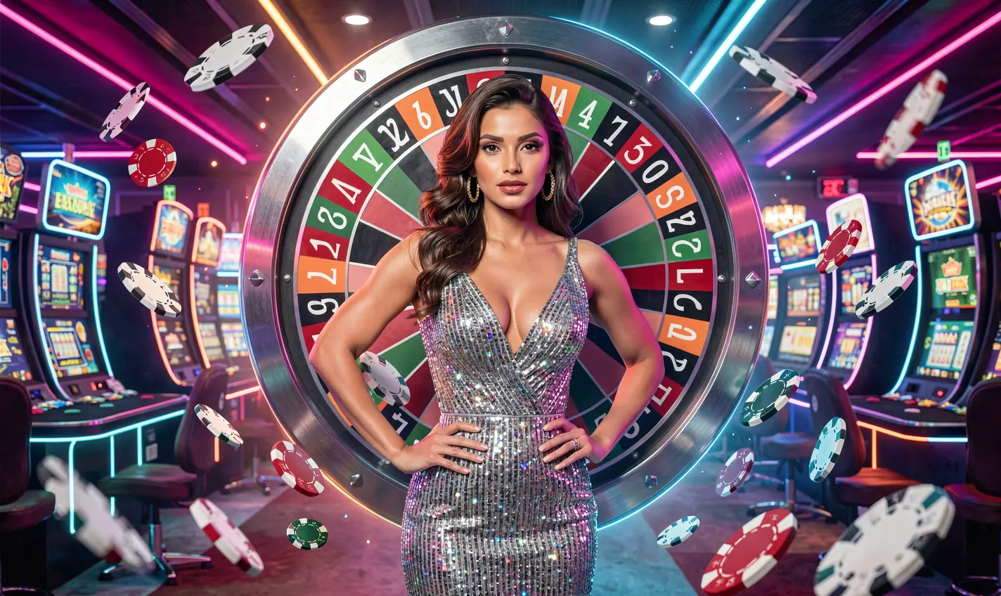 BD288 – Step into a vibrant online casino world made for Bangladeshi players Confident casino hostess in a sparkling dress before a neon roulette wheel with dynamic casino visuals highlighting the immersive BD288 online casino experience in Bangladesh