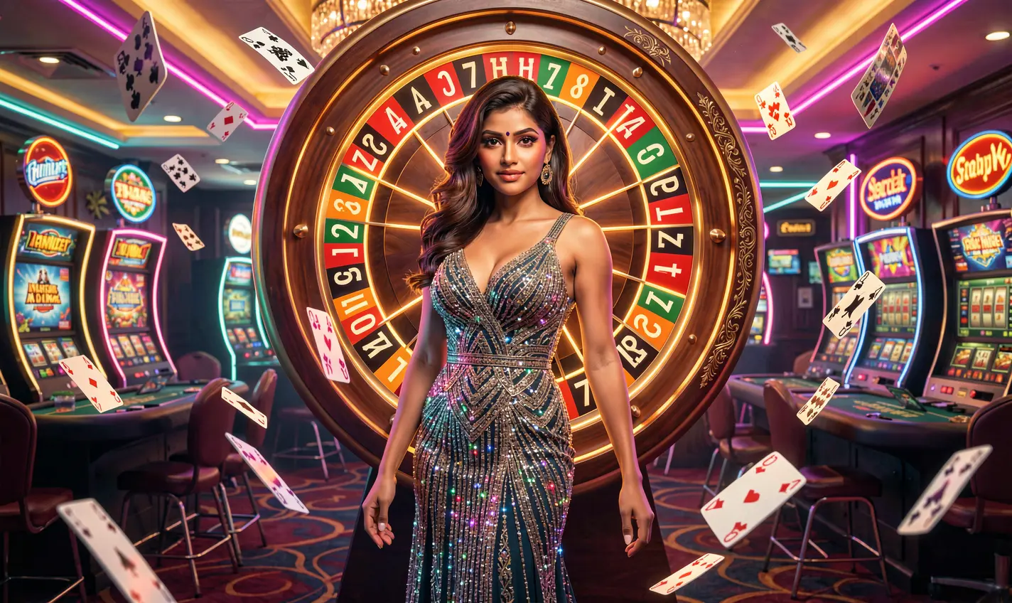 BD288 – Step into a premium online casino experience for players in Bangladesh A glamorous casino hostess in a sparkling evening dress standing before a glowing roulette wheel with floating chips creating a luxury gaming mood at BD288 online casino in Bangladesh